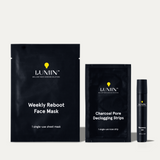 Lumin men's skincare products including Weekly Reboot Face Mask, Charcoal Pore Declogging Strips, and a black serum bottle on white background.