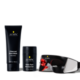 Lumin men's skincare set with charcoal face wash, daily face moisturizer, and LED light therapy mask for detox and hydration.