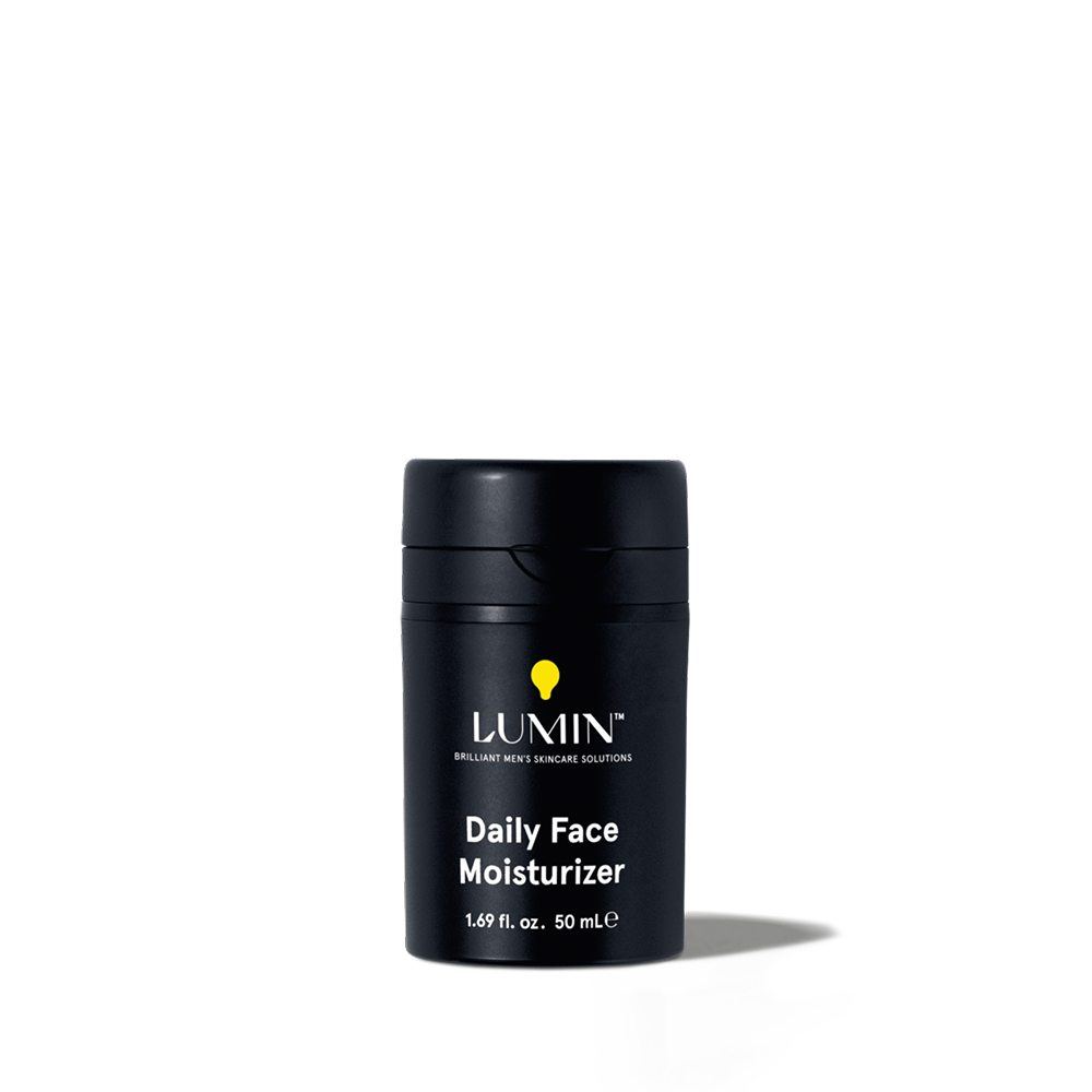 Lumin daily face moisturizer for men in black 50ml bottle, hydrating skincare solution for men’s skin care.