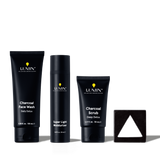 Lumin men's skincare set with charcoal face wash, super light moisturizer, charcoal scrub, and triangular black soap bar