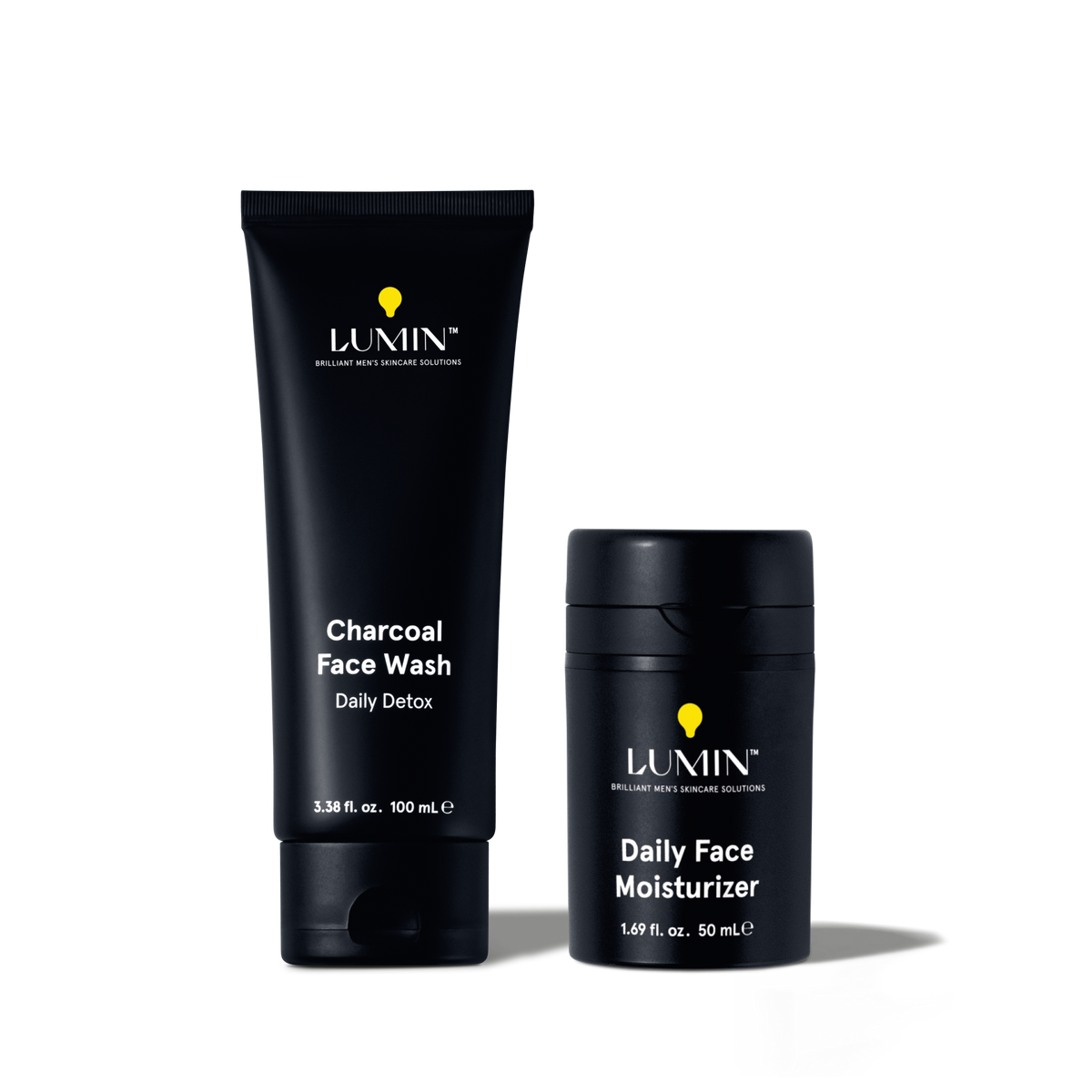 Lumin men's skincare Charcoal Face Wash 100ml and Daily Face Moisturizer 50ml black containers for daily detox and hydration