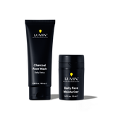 Lumin men's skincare Charcoal Face Wash 100ml and Daily Face Moisturizer 50ml black containers for daily detox and hydration