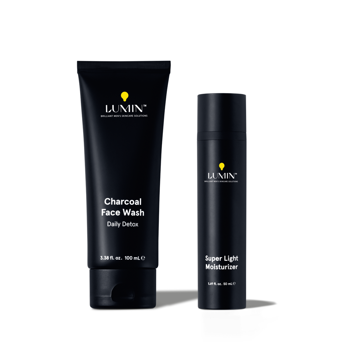 Lumin men's skincare set with Charcoal Face Wash daily detox 100ml and Super Light Moisturizer 50ml in black bottles