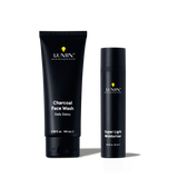 Lumin men's skincare set with Charcoal Face Wash daily detox 100ml and Super Light Moisturizer 50ml in black bottles