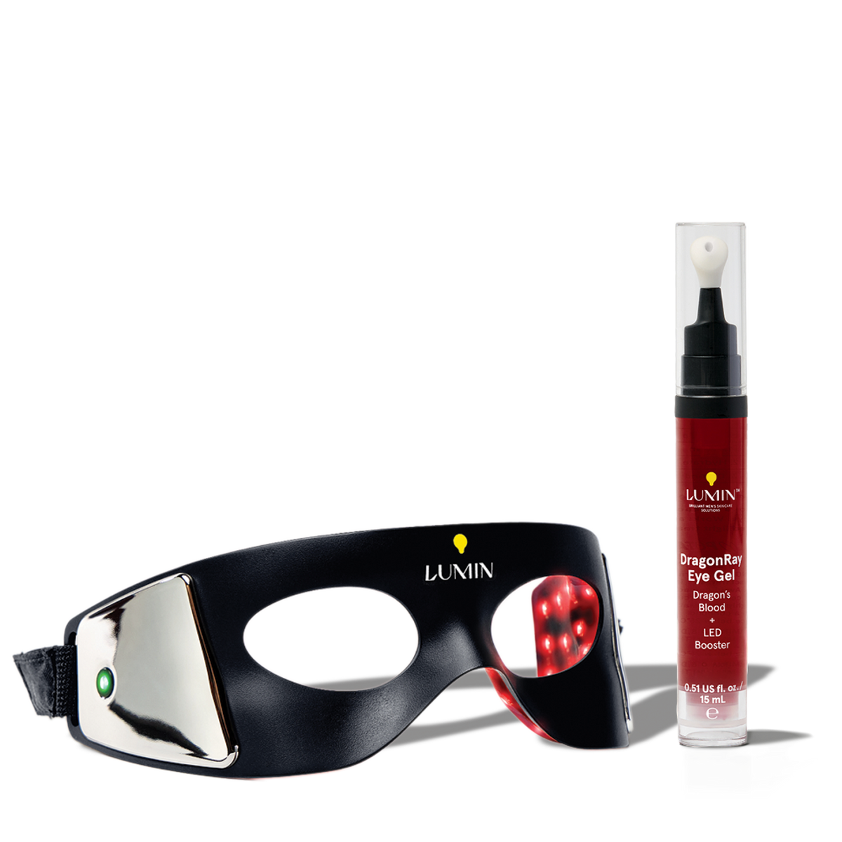 Black Lumin facial sculpting mask with LED lights and red Lumin lip gloss for skincare and lip care routine.