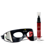 Black Lumin facial sculpting mask with LED lights and red Lumin lip gloss for skincare and lip care routine.