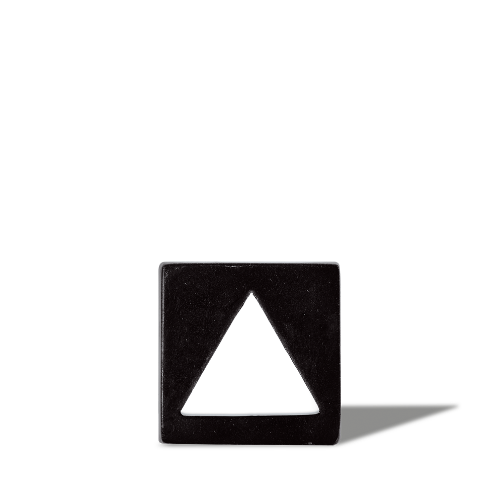 Black square button with a white upward-pointing triangle symbol, casting a shadow on a white background.