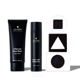 Lumin men's charcoal face wash and super light moisturizer with black and white geometric shapes for skincare routine.