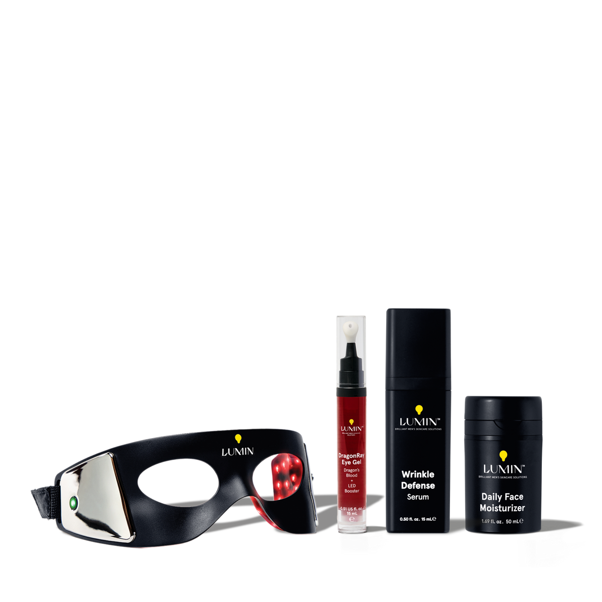 Luxury skincare set including wrinkle defense serum, hydra-firm moisturizer, and a black eye mask for anti-aging and hydration benefits.