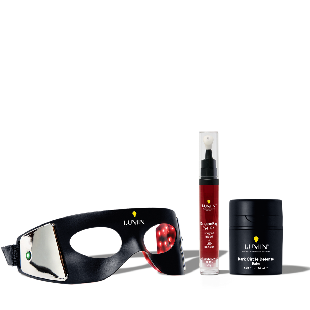 Black LED light therapy mask with red light, anti-aging serum in dropper bottle, and collagen booster cream jar for skincare routine