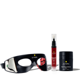 Black LED light therapy mask with red light, anti-aging serum in dropper bottle, and collagen booster cream jar for skincare routine