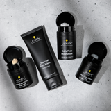 Lumin men's skincare set with charcoal face wash, daily face moisturizer, dark circle defense balm, and instant dark circle corrector.
