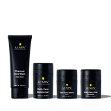Lumin men's skincare set including charcoal face wash, daily face moisturizer, dark circle defense balm, and instant dark circle corrector.