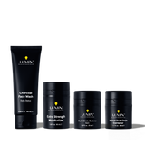 Lumin men's skincare set with charcoal face wash, extra strength moisturizer, dark circle defense balm, and corrector.