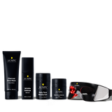 Lumin men's skincare set with charcoal face wash, wrinkle defense serum, daily moisturizer, dark circle balm, and LED eye mask.