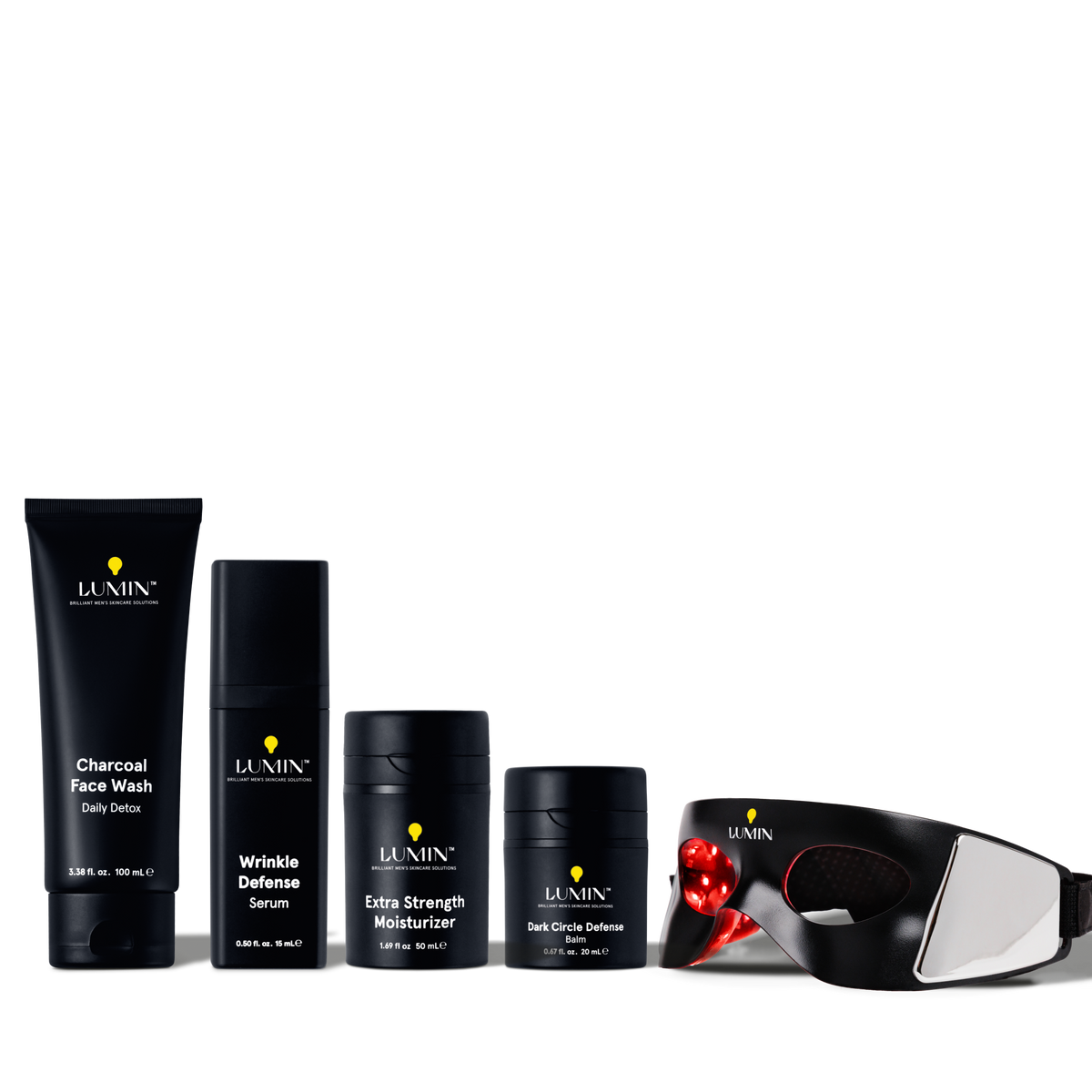 Men's skincare set with charcoal face wash, wrinkle defense serum, extra strength moisturizer, dark circle balm, and LED eye mask