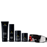 Men's skincare set with charcoal face wash, wrinkle defense serum, extra strength moisturizer, dark circle balm, and LED eye mask