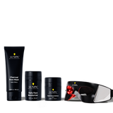 Men's skincare set with charcoal face wash, daily face moisturizer, dark circle defense balm, and LED light therapy eye mask